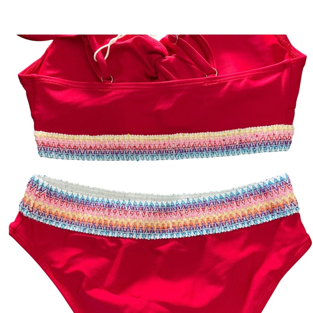 SEAMOLY Red Boho Rainbow Trim Bikini‎ Set High Waisted XS Beach Pool Gym Cruise - Picture 4 of 12